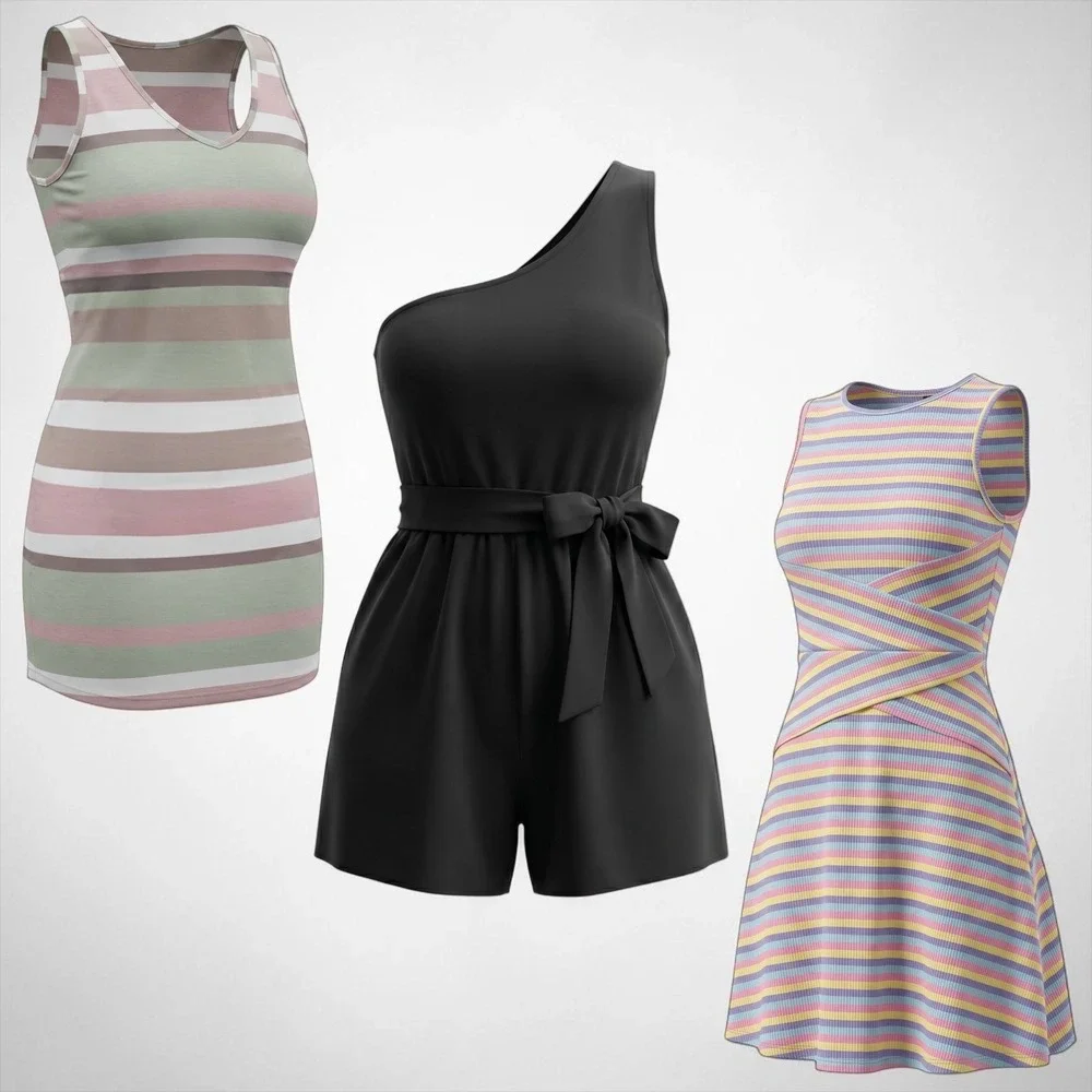 SHEIN Lot of 3 Black One Shoulder Romper Ribbed Colorful & Striped Tank Dress M - Picture 1 of 16